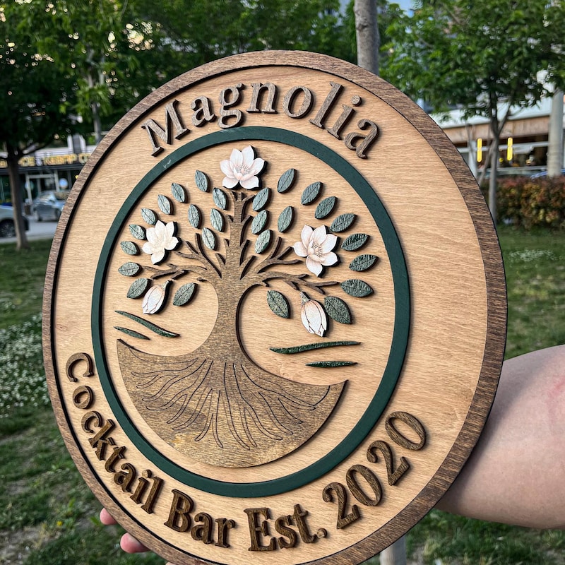 Round Cocktail Bar & Cafe 3D Wood Logo Sign