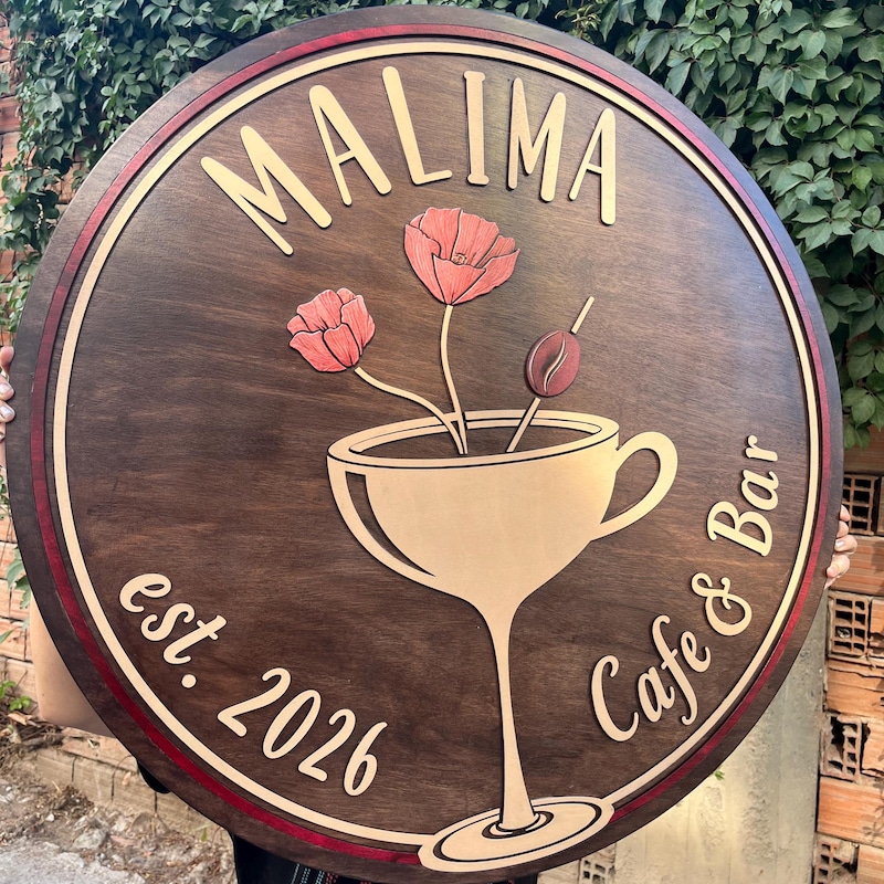 Round Cafe & Bar Logo Plaque with Floral Cup